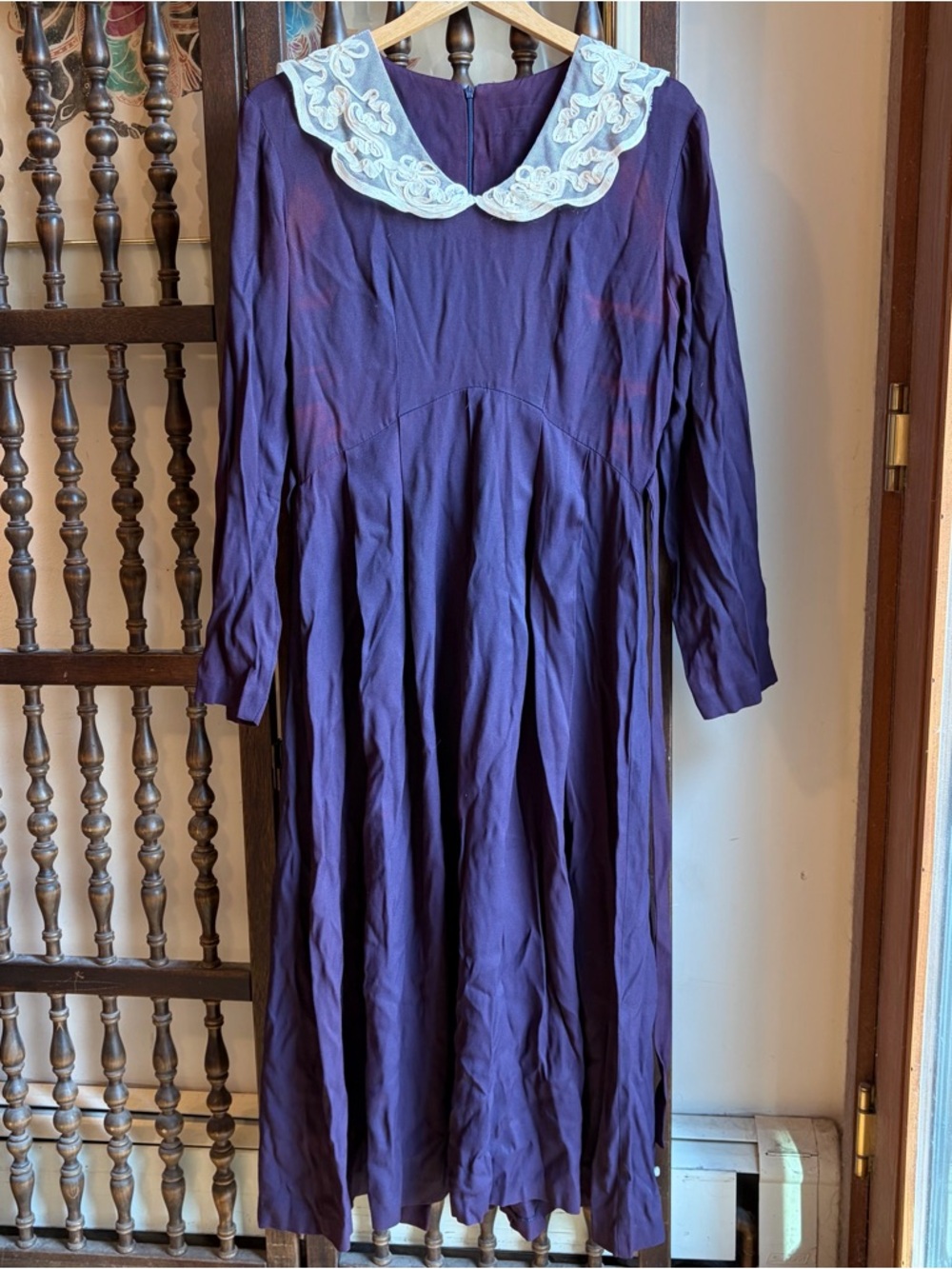 Vintage 90s Purple Navy Peter Pan Collar Long Sleeve Gothic Dress *FLAWED*